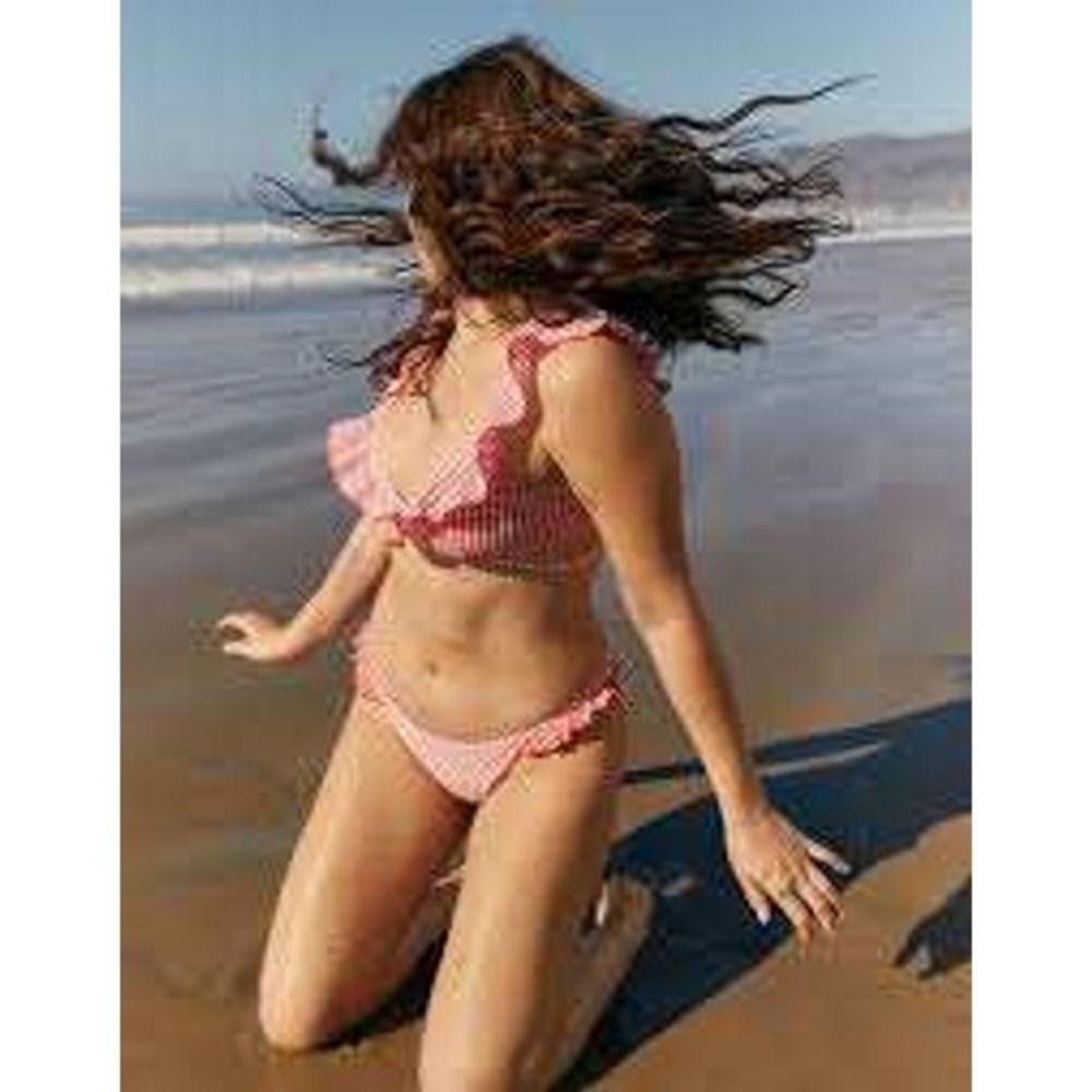 Aerie Womens Red White Gingham Striped Ruffle Bikini Set XS S Scoop Wrap Top